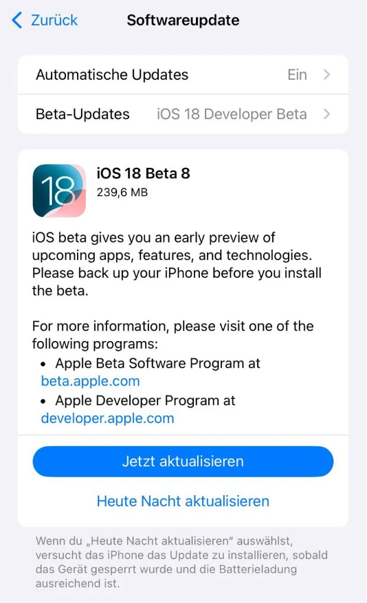 唐县苹果手机维修分享苹果 iOS / iPadOS 18 开发者预览版 Beta 8 发布 